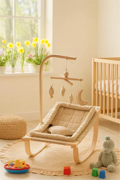 سرير أطفال هزاز من الخشب الطبيعي لون القهوة (مع لعبة دوارة هدية)