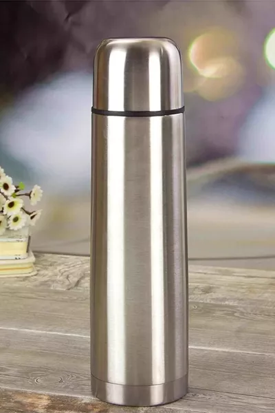 Термо чаша с кожен калъф, непропускаща,  мл, сив, от неръждаема стомана, малка, с форма на куршум, бутилка за вода.