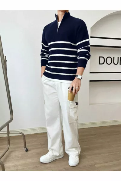 الأزرق الداكن والأبيض الرجال العادية بسحاب صياد متماسكة سترة