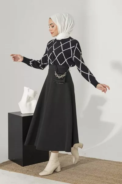 Women's Puff Scuba Modest Black Flared Skirt