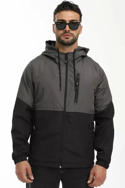 معطف مضاد للمطر والرياح رجالي بلونين فحمي-أسود، بسحاب داخلي وغطاء رأس وجيوب
