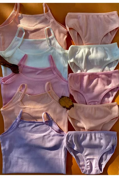 Girls' Ribbed 5-Piece Cotton Stretch Tank Top and Panty Set with String Straps 