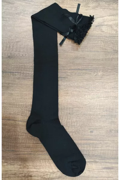 Calze lunghe da donna con pizzo e fiocco sopra il ginocchio, in cotone