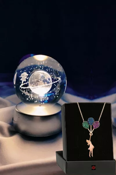 Светеща стъклена сфера Сатурн с LED светлини, променящи цвета си, пълнолуние лампа, кристална топка и момичешко колие с балон