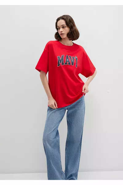 Logo Baskılı Kırmızı Tişört Oversize / Geniş Kesim 