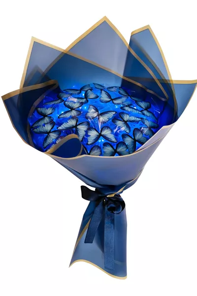 Букет с LED светлини в тъмносиня пеперуда, декоративен концептуален подарък за майка, любим човек или приятел