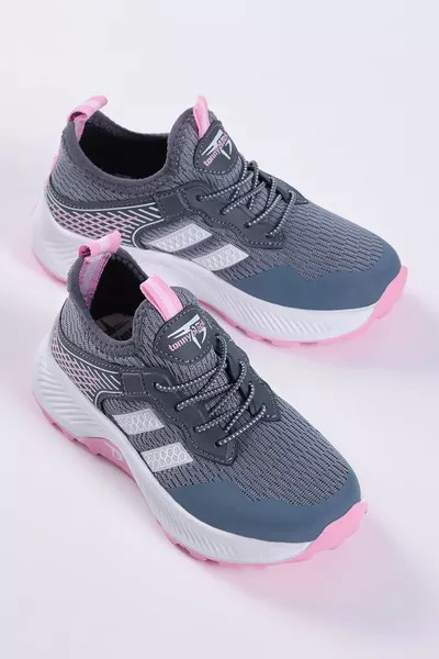حذاء رياضي للأطفال للجنسين بلون رمادي وردي، مريح، مصنوع من قماش قابل للتنفس، مزود بأربطة