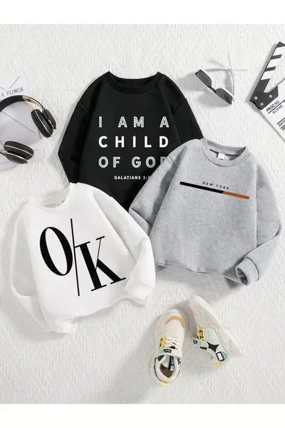 Момчета-Момичета Детски Суичър с Яка, Child-OK-Paris, Черно-Сиво-Бяло, Комплект от 3 бр., с Принт