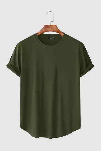 T-shirt da uomo kaki con maniche pieghevoli, taglio ovale senza tasche, scollo tondo -1