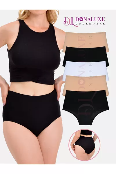 مجموعة 5 قطع سراويل داخلية نسائية عالية الخصر قطنية ناعمة باللونين الأسود والأبيض