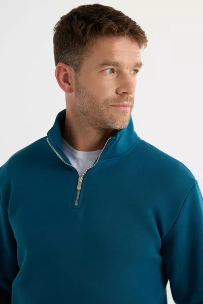 سويت شيرت برقبة عالية نصف سحاب، قطن مريح، مبطن من الداخل بالفليس، مقاس مريح للجنسين، بلون إنديجو