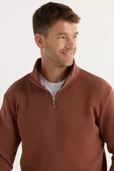 Unisex Relaxed Fit Comfortable Cotton Sweatshirt with Fleece Lining, Half-Zip, Brown, Stand Collar