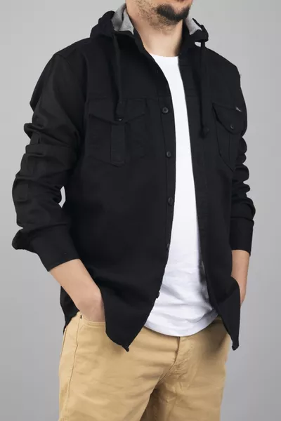 قميص جينز رجالي ضيق بقبعة أسود