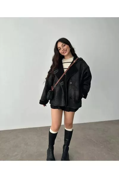 Плюшевый ламинированный плащ с пуговицами Чобан