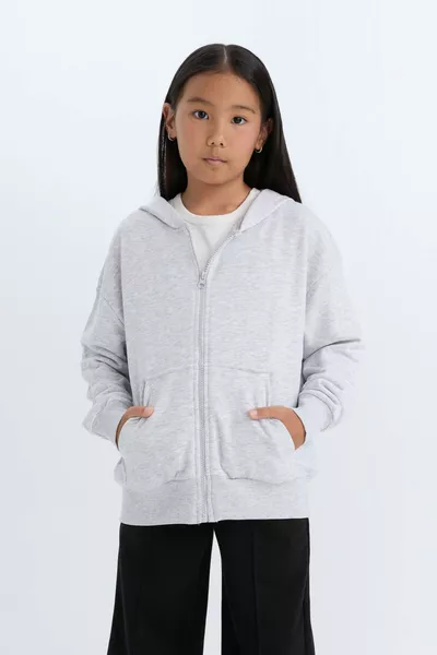 Girls' Oversized Loose Fit Hooded Basic Plain Zip-Up Sweatshirt NS