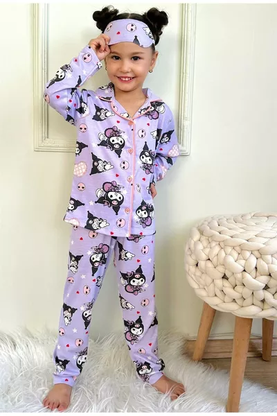 Girls' Lilac Long-Sleeve Pajama Set with Cat Pattern