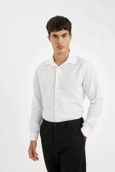 Slim Fit Polo Collar Poplin Long Sleeve Cotton Shirt