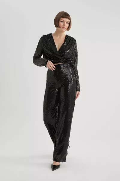 Pantaloni in tessuto con paillettes a gamba larga wn