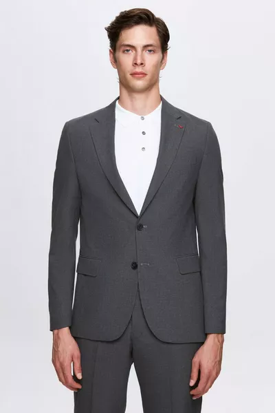 Ds Damat слим фит сив костюм с ликра, едноцветен, еластичен, с еднореден закопчаване и двойна цепка, с подплата