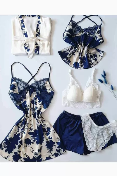 Set de 6 pièces de dot en satin de soie bleu marine avec boîte 