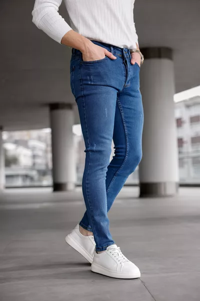 بنطال جينز رجالي أزرق ضيق مطاطي مع ليزر