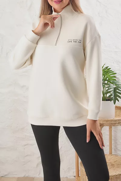 Kadın Oversize Fermuarlı Dik Yaka Slogan Baskılı 3iplik Içi Polarlı Tunik Sweatshirt
