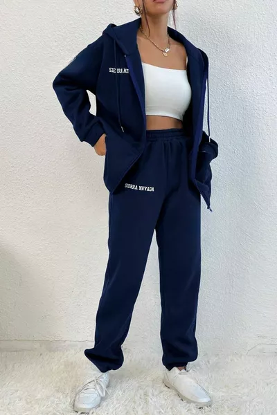 Women's 3-Thread Navy Sierra Printed Cardigan Jogger Oversize Tracksuit Set