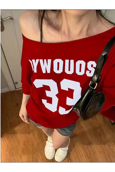 Damen T-Shirt mit Bootsausschnitt, Oversize, Aufdruck, % Baumwolle