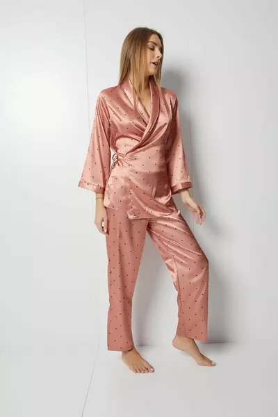 Ensemble Pyjama Croisé en Satin Saumon Foncé