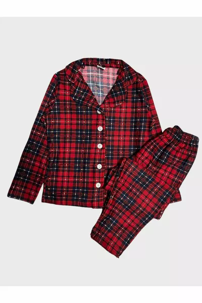 Girls' Cotton Suede Fabric Red Plaid Button-Up Long Sleeve Pajama Set
