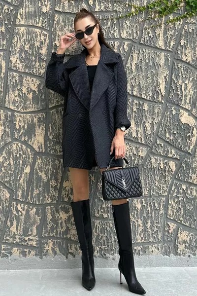 Manteau en cachemire femme motif chevrons anthracite