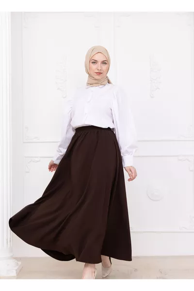 Brown Double Skirt with Elastic Waist and Pockets