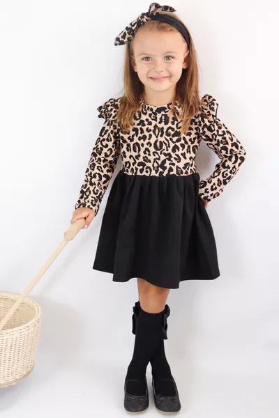 فستان طويل الأكمام بنقشة الفهد للبنات مع طقم ربطة الرأس