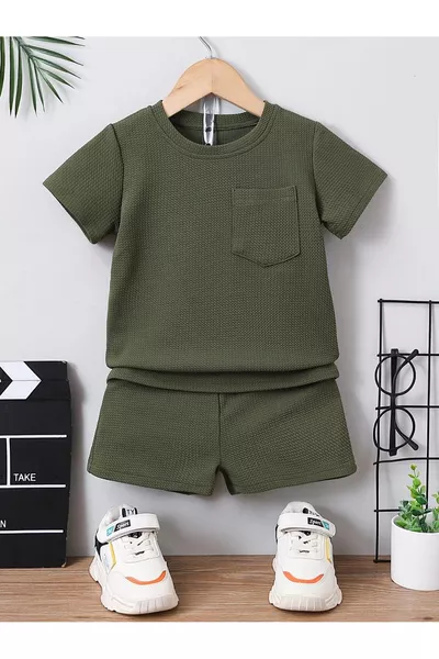 طقم صيفي قطني من قطعتين بنقشة الوافل مع تفاصيل الجيوب