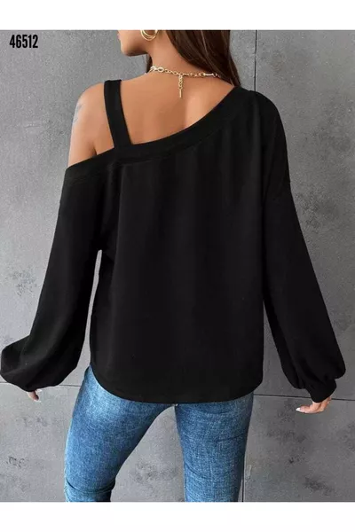 Kadın uzun kollu tek omuzu açık siyah viskon bluz