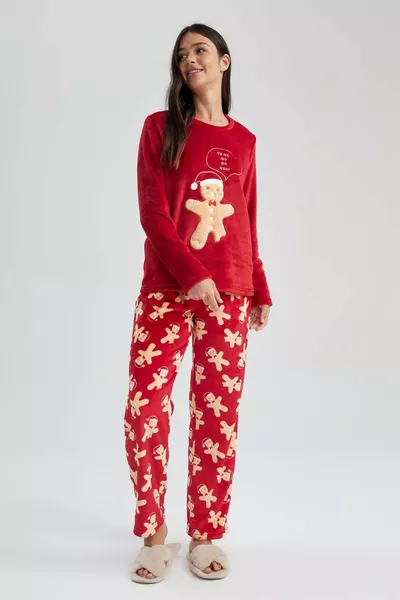 Ensemble de Pyjama Thème Saint-Valentin à Manches Longues en Polaire Haut à Taille Élastique Bas Long WN