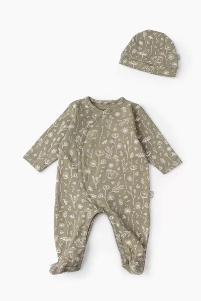 Set di tutina, cappello e calzini per neonati, primaverile floreale kaki