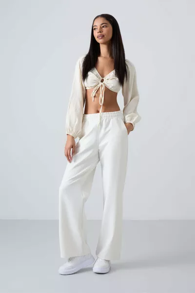 Beiger Damen-Jogginghose mit hoher Taille, Taschen, bequemer Passform und weitem Bein - 