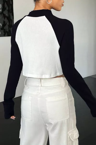 Kadın Siyah Beyaz Kaşkorse Kumaş Reglan Kol Fermuarlı Dik Yaka Crop Bluz