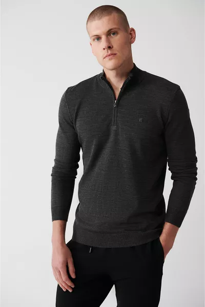 Мужской антрацитовый трикотажный свитер с высоким воротником на молнии, не скатывается 