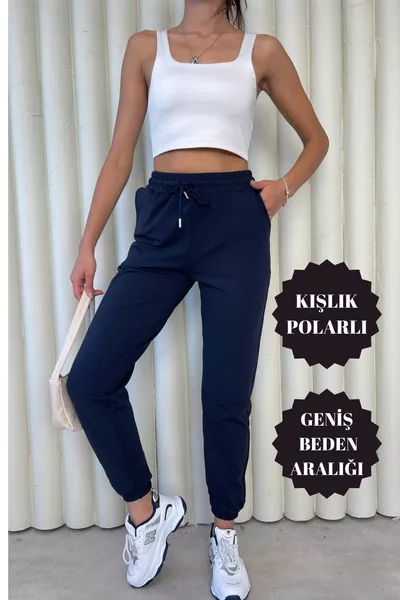 Дамски гащеризон от плат за гмуркане, зимен с полар, джогър с висока талия и джобове, тъмносин долнище