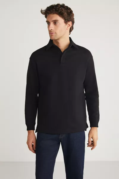 JOHN Men’s Polo Sweatshirt with Collar, Long Back, Side Slits, Diagonal Fabric, Black Sweatshirt