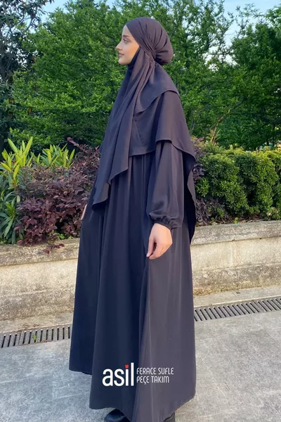 Edles Umhang-Set mit Schleier und Schal in Rauchgrau (DREITEILIGES SET)