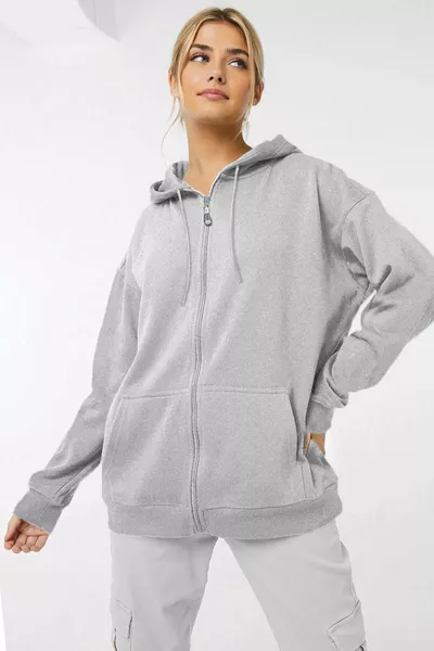 سويت شيرت نسائي بغطاء للرأس بسحاب، قماش فلانيل من ثلاثة طبقات باللون الرمادي الممزوج، جيب كنغر، تصميم واسع