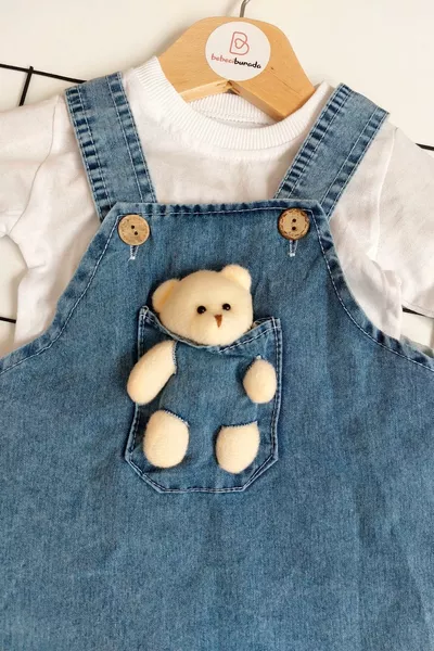 فستان جينز طويل الأكمام لطفلة ببيبي دمية دب