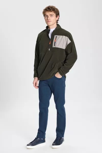 Felpa da uomo oversize verde kaki, taglio ampio, collo alto batwing, con tasche e zip, in pile impermeabile al freddo