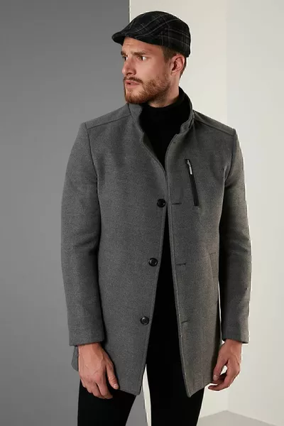 معطف رجالي من الصوف بقصة ضيقة وياقة مرتفعة وأزرار 