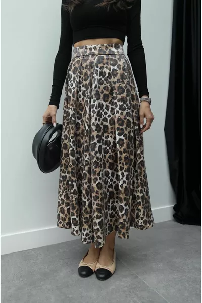 Leopard Print Pleated Detailed Flared Skirt