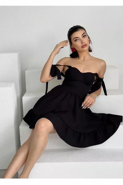 Damen Atlas Stoff Bruststütze Krawattenriemen Design Ausgestelltes schwarzes Mini-Mini-Abendkleid 