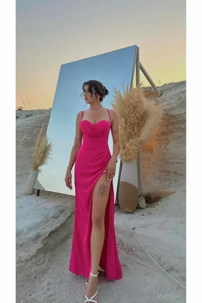 Women's Evening Dress Thin Strap Cross Tie at the Back Degaje Collar Back Low-Cut Deep Slit